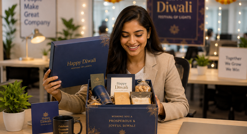 Female employee smiling on receiving a custom Diwali gift hamper.