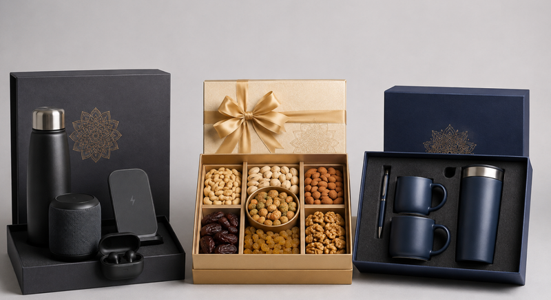 Three premium Diwali gift hampers with tech, dry fruits, and drinkware.