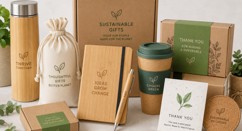 Sustainable gift set with bamboo bottle, eco notepad, and seed card.