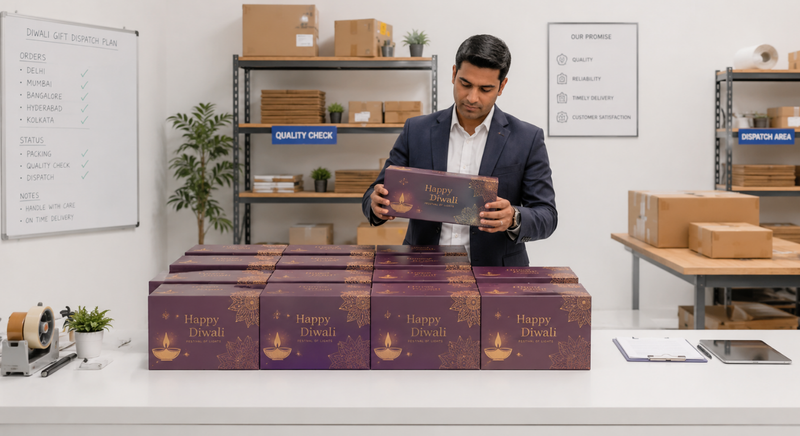 Logistics manager inspecting packaged Diwali gift boxes for dispatch.