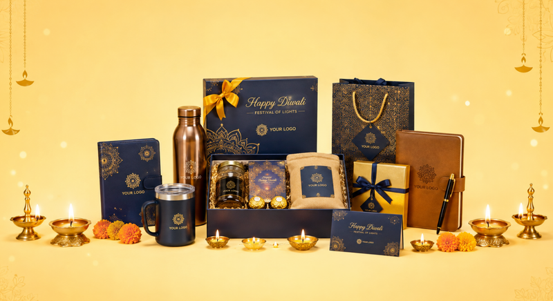Festive yellow backdrop showcase of customizable Diwali corporate gifts.