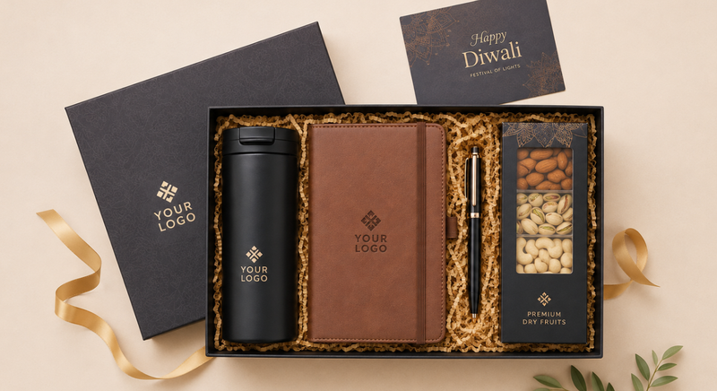 Premium corporate Diwali gift hamper including an insulated tumbler, leather notebook, and luxury dry fruits arranged in a flat-lay view.