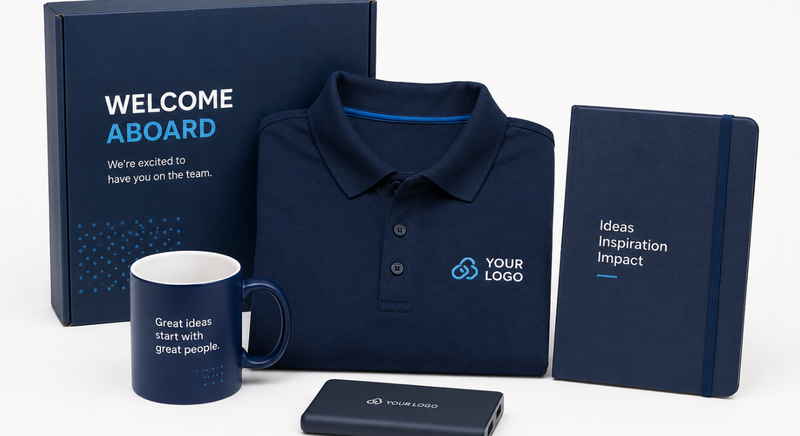 Modern employee welcome kit featuring a navy polo shirt, hardcover notebook, ceramic mug, and power bank on an off-white background.
