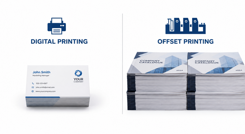 Comparing digital printing with offset printing.