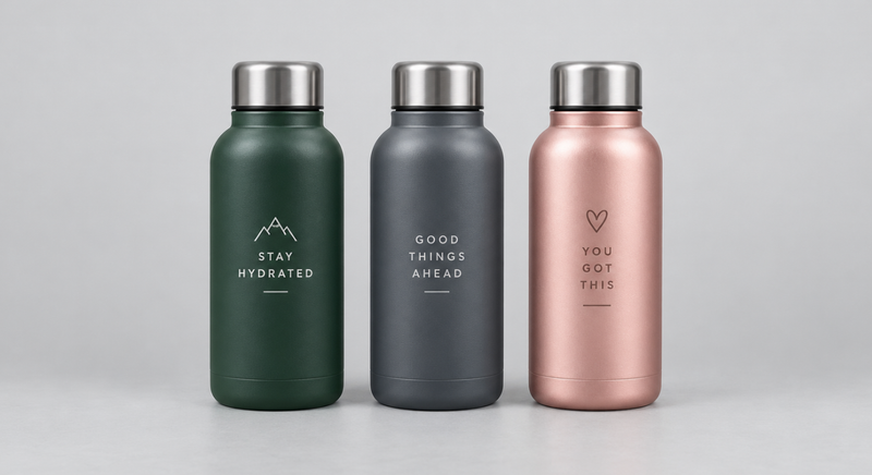 Three sleek matte insulated water bottles in forest green, slate gray, and rose gold standing in a row.