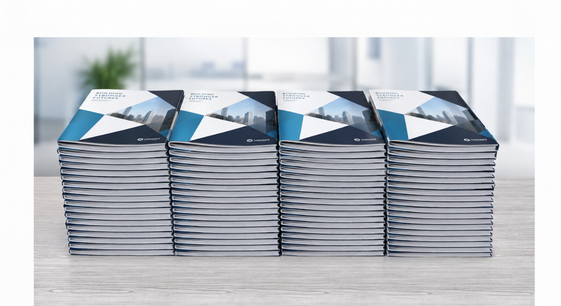 Four tall stacks of corporate brochures arranged on a wooden surface.