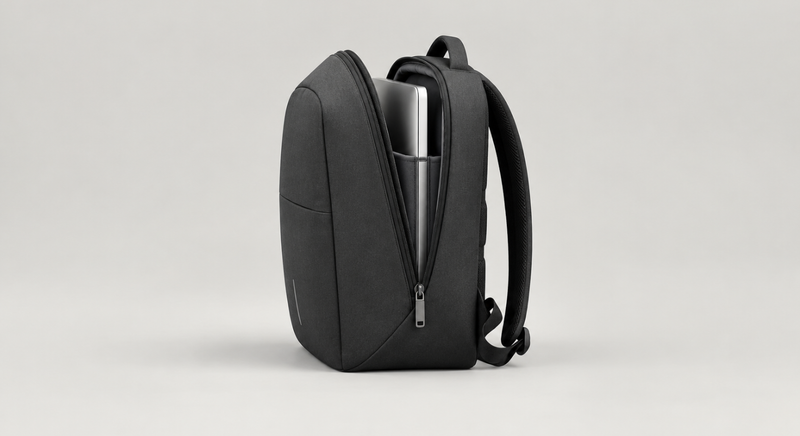 Modern dark gray minimalist laptop backpack standing upright on a light gray background.