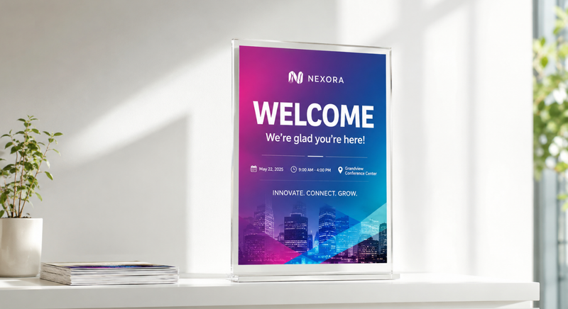 Acrylic sign holder displaying welcome poster on a desk.