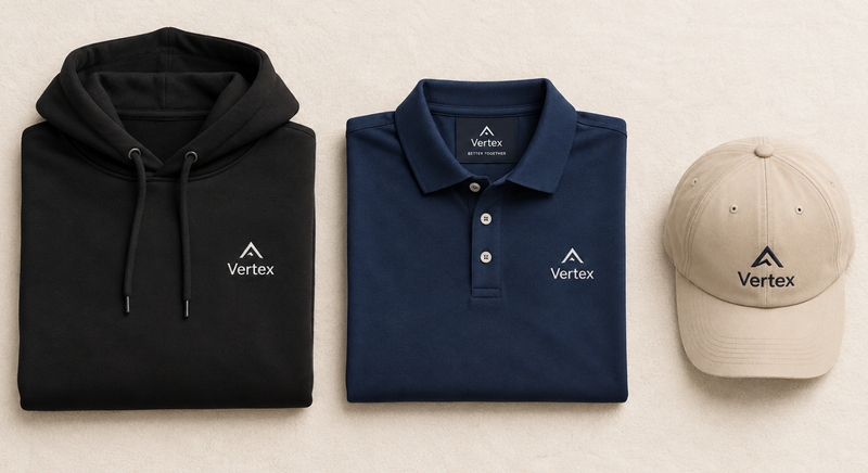 Neatly folded black corporate hoodie, navy polo shirt, and beige cap in a flat-lay arrangement.