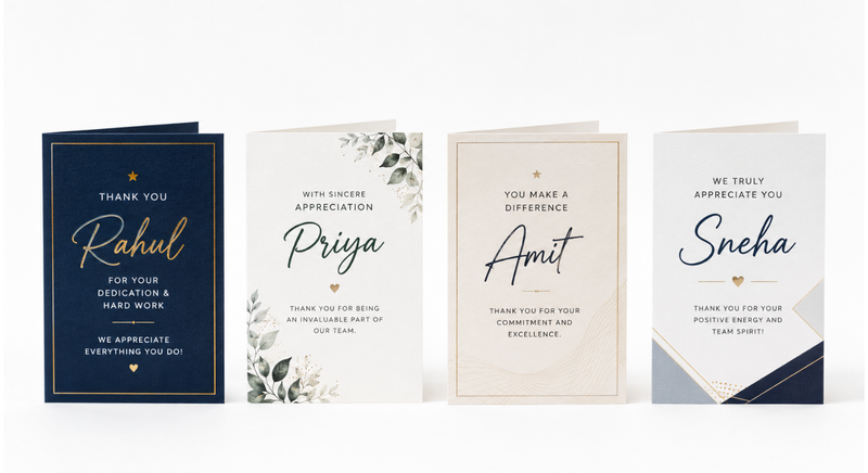 Four personalised corporate thank-you cards
