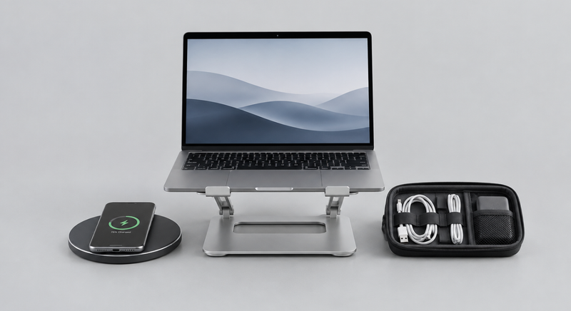 Minimalist work-from-home desk accessories including a laptop stand, wireless charger, leather desk mat, and cable organizer.