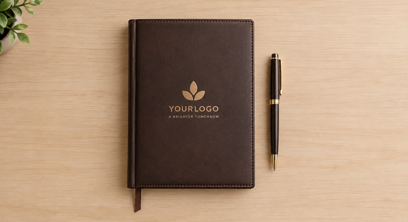 Dark brown leather notebook and pen on a wooden desk.
