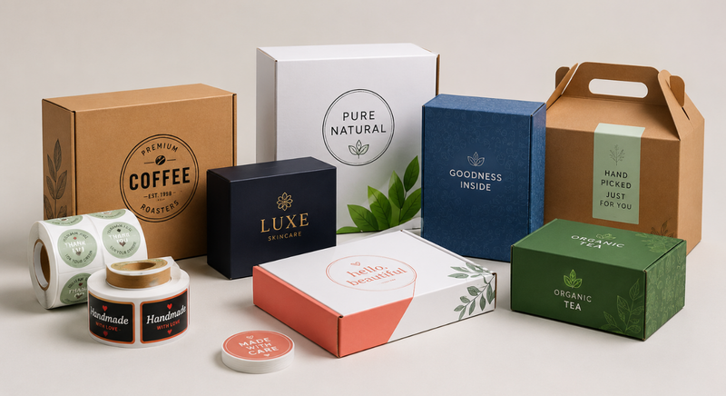 Custom branded packaging boxes & product label sticker rolls.