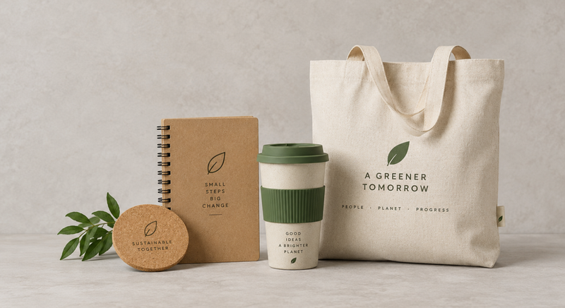 Eco-friendly gift set featuring a canvas tote bag, travel mug, notebook, and cork coaster.