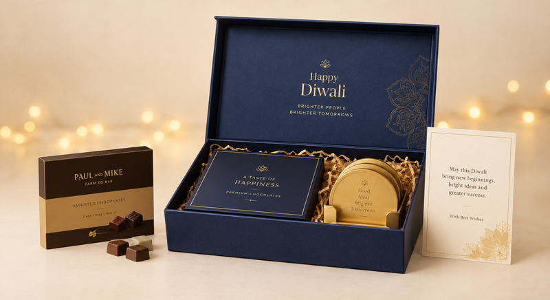 Diwali gift box containing chocolates, golden coasters, and a greeting card.