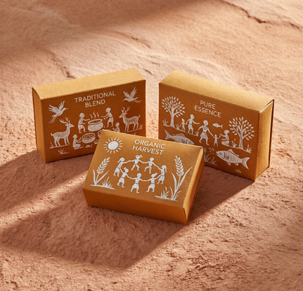 Three product boxes printed with Warli-style tribal illustrations in white on an ochre background