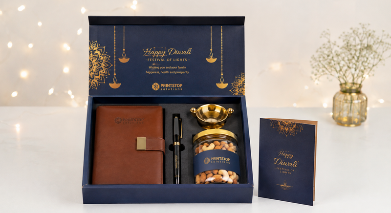 Open Navy Blue corporate Diwali gift box with a matching gift card.