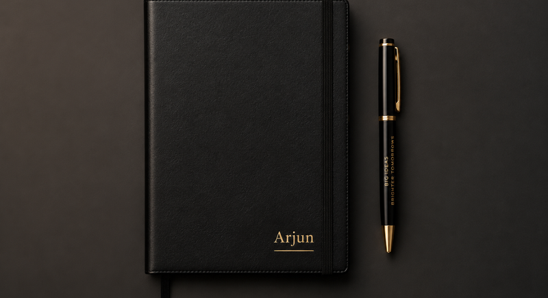 Black personalized notebook and matching pen set.