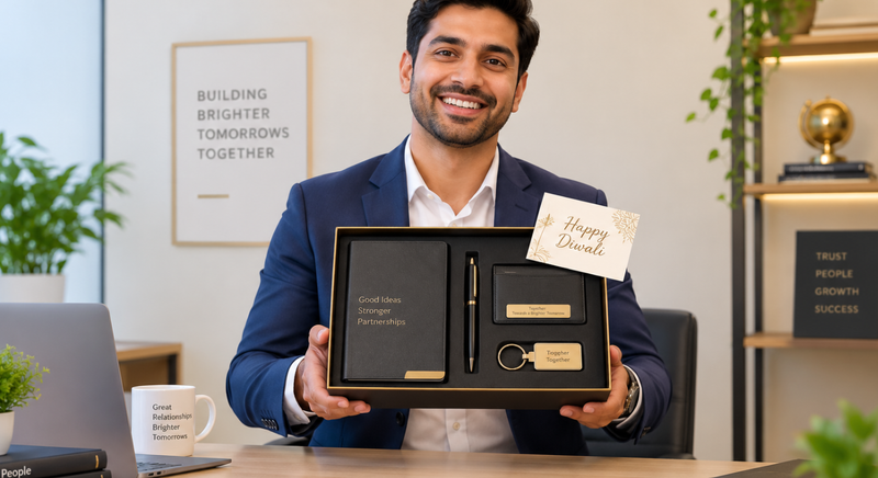 Employee in a suit holding a Diwali corporate gift set.
