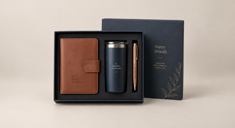 Diwali gift set with notebook, tumbler, and pen.
