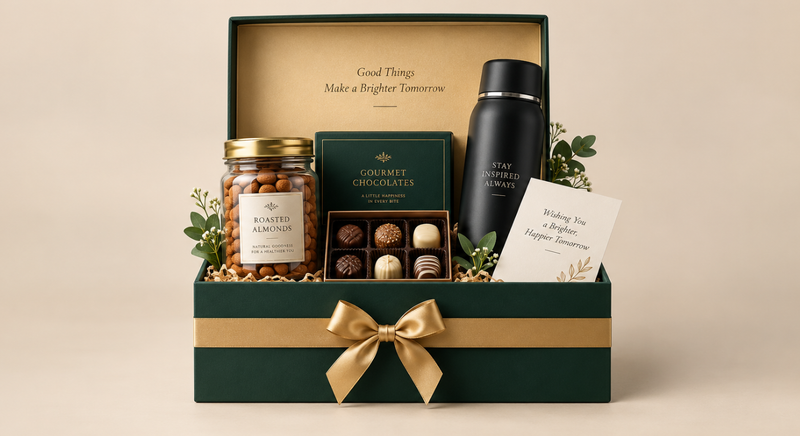 Green corporate gift hamper with almonds, chocolates, water bottle, and card.