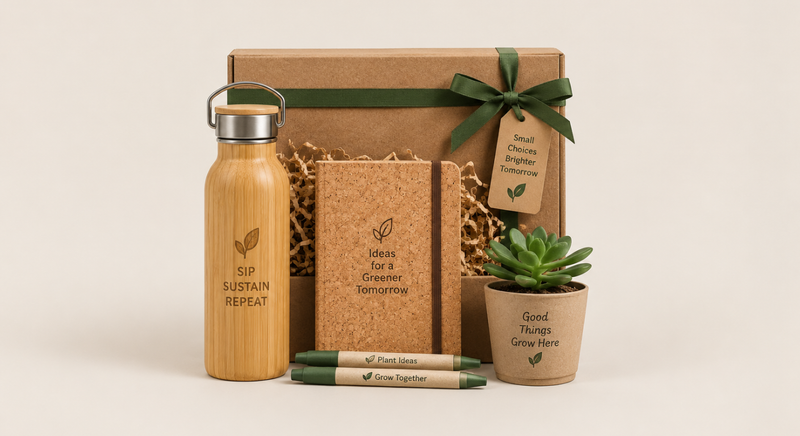 Eco-friendly gift set with a bamboo bottle, cork notebook, small succulent plant, and pens.