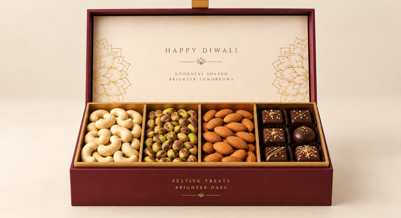 Diwali gift box filled with cashews, pistachios, almonds, and chocolates.