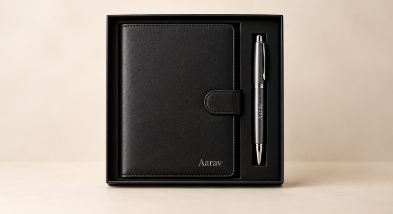 Personalized black leather notebook and pen gift set.