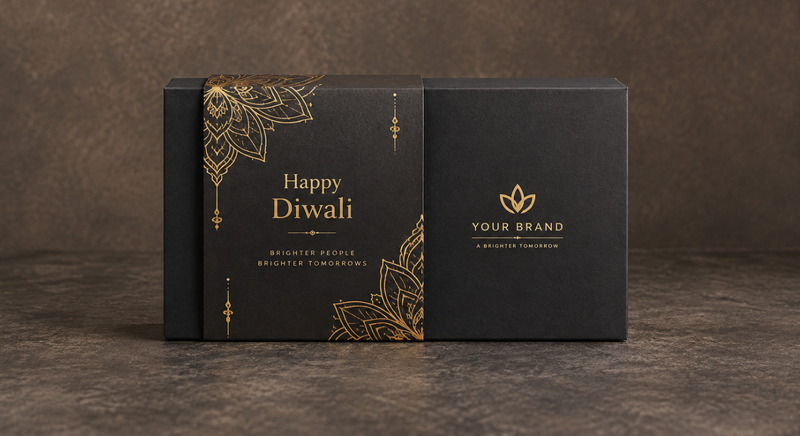 Black Diwali gift box with gold branding and sleeve.