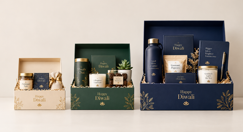 Three Diwali corporate gift hampers in cream, green, and navy blue boxes.