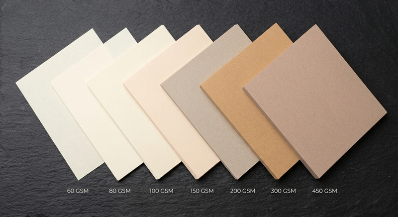 Seven paper swatches arranged by GSM from 60 to 450 with printed GSM range labels on walnut wood surface
