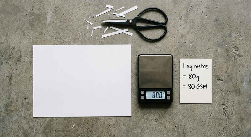 A4 paper sheet on digital scale reading 80g beside scissors and a handwritten card explaining the GSM measurement formula