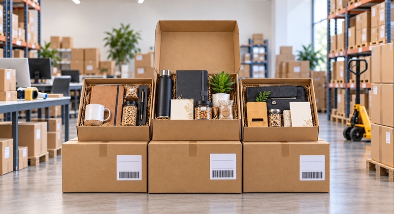 Corporate gift boxes stacked on shipping cartons inside a warehouse.