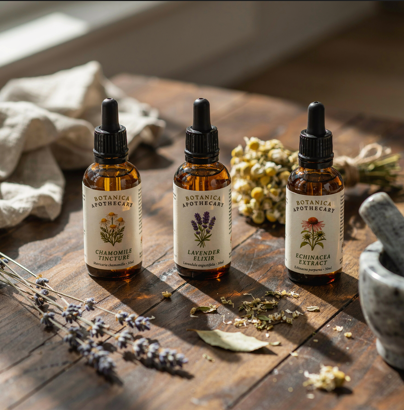 Three amber glass bottles with detailed botanical label illustrations and serif typography on a wooden surface