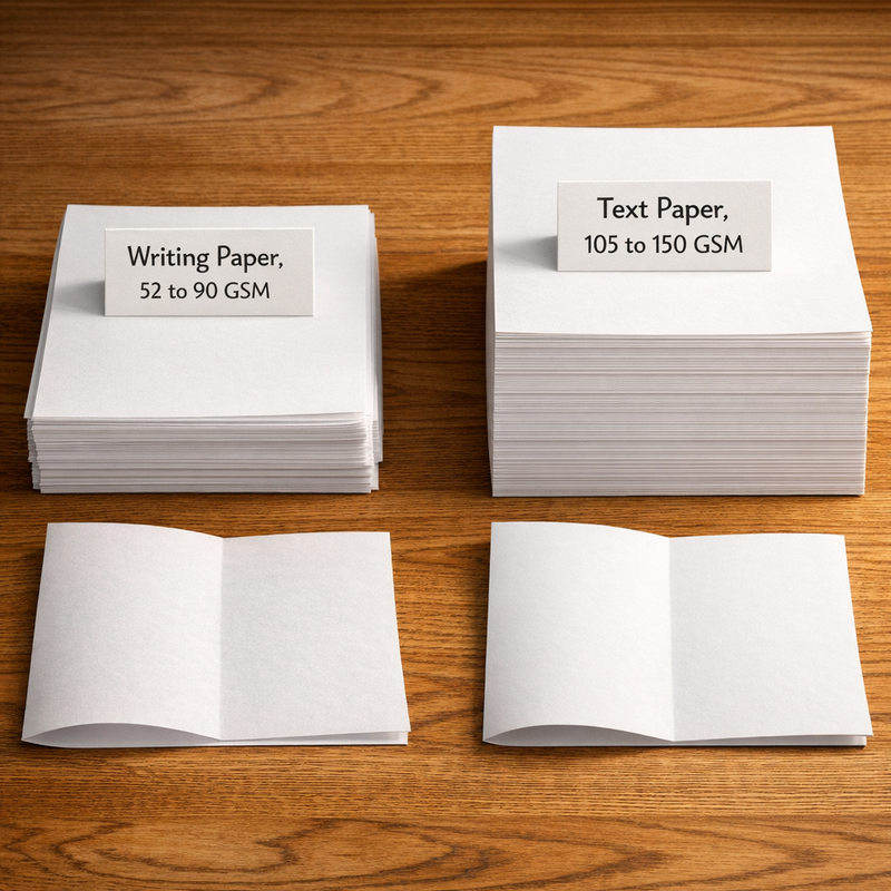 Writing paper and text paper stacks labelled with GSM ranges side by side on oak surface showing light stock comparison