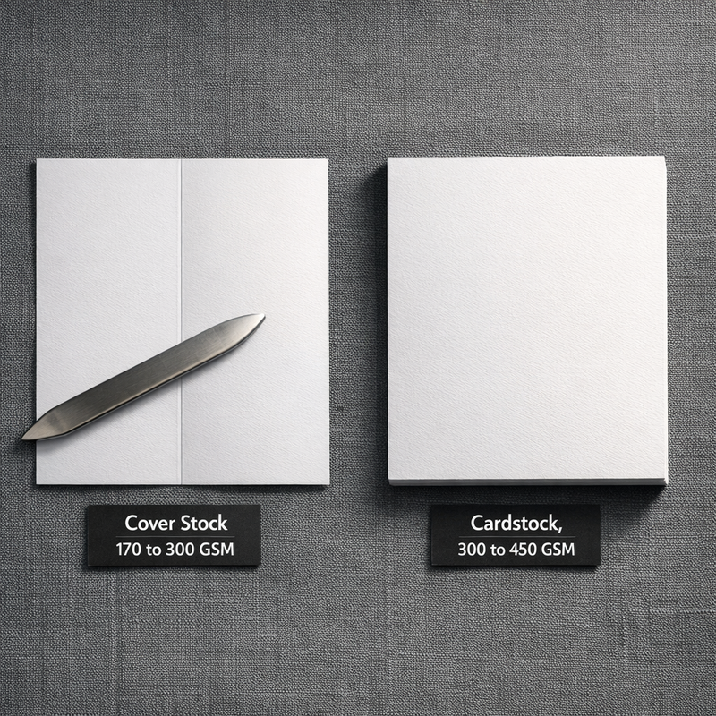 Cover stock with scored fold line and rigid cardstock labelled with GSM ranges on dark grey linen surface