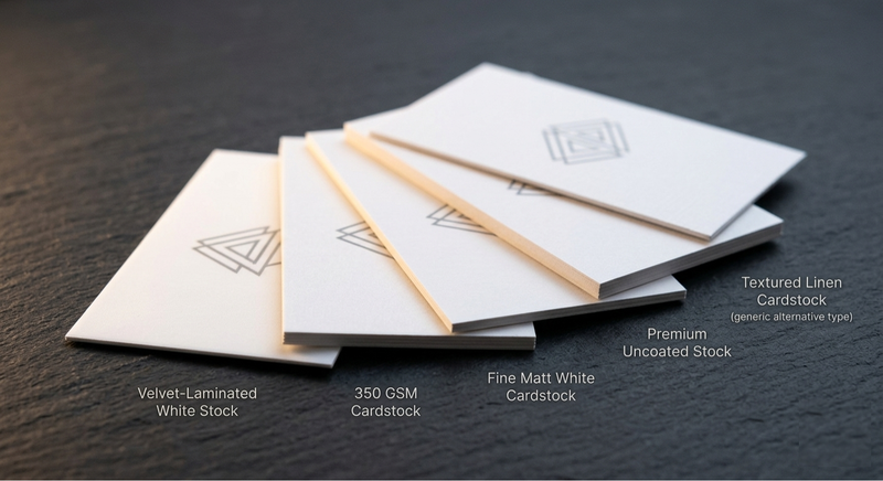 Premium thick business cards with velvet lamination fanned on dark marble surface labelled 350 to 400 GSM