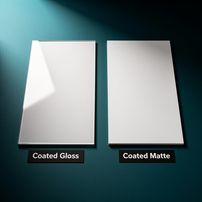 Coated gloss and coated matte paper samples labelled on dark teal surface with directional lighting showing finish contrast