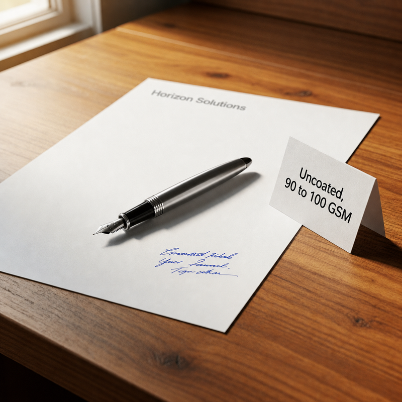 Fountain pen writing on uncoated letterhead at 90 to 100 GSM on wooden desk showing natural ink absorption on writing stock