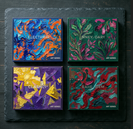 Four limited-edition product boxes each featuring a different bold painterly illustration arranged in a grid