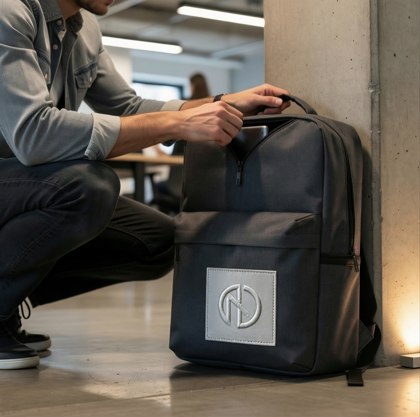 Person crouching beside a branded structured backpack with embossed logo in an office corridor