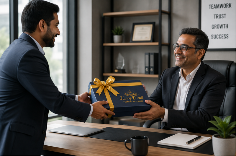 Business professional handing a Diwali gift box to a colleague.