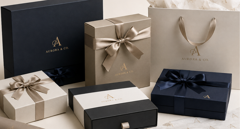 Luxury customized corporate gift boxes and branded gift bag collection.