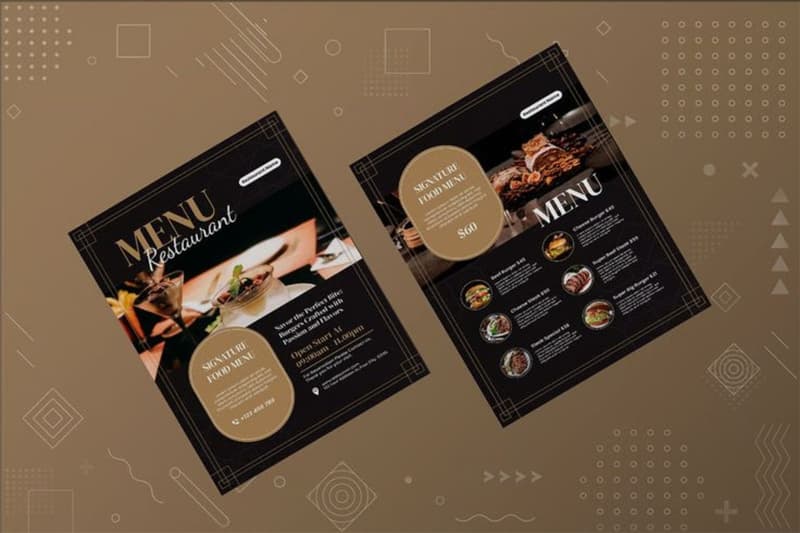 A professional restaurant menu design with a black and gold theme