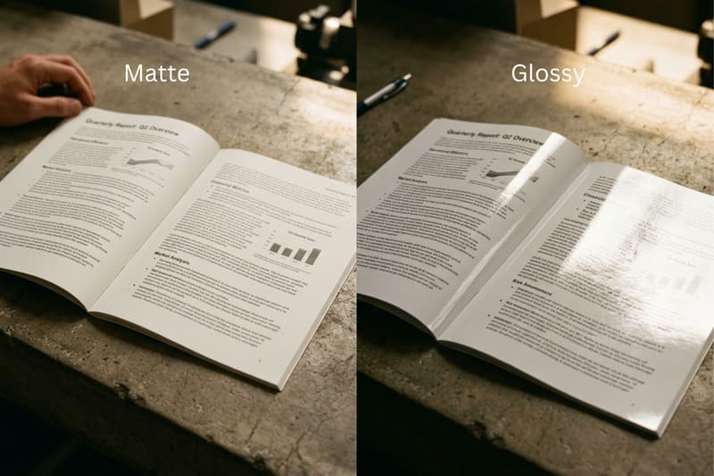 Side-by-side comparison of a matte document versus a glossy document showing light reflection.