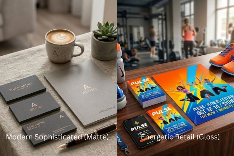 Side-by-side comparison of sophisticated matte business stationery versus vibrant, glossy retail fitness flyers.