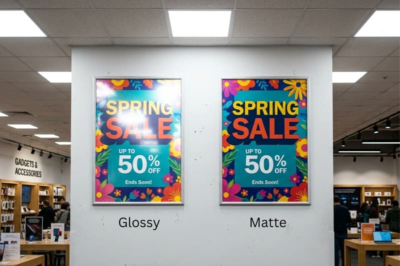 Glossy vs. matte "Spring Sale" posters showing glare on the glossy surface.