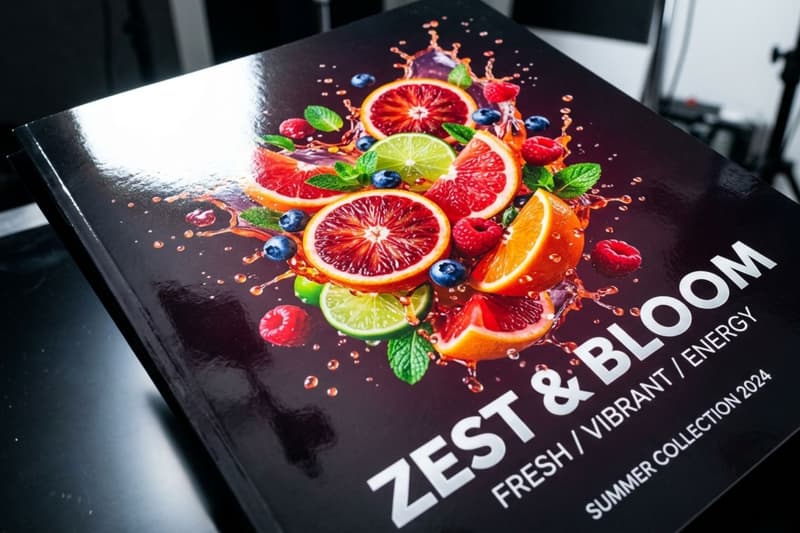 Glossy "Zest & Bloom" catalog cover featuring vibrant citrus fruit and high-shine reflections.