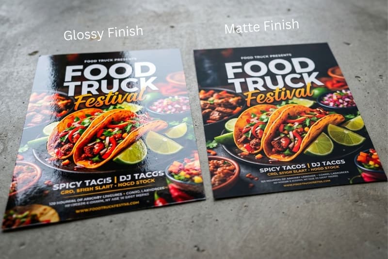 Glossy vs. matte food truck festival flyers, highlighting the difference in color vibrancy and surface reflection.
