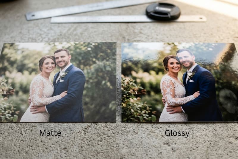 Gemini said Matte versus glossy wedding photo prints showing the difference in surface glare.